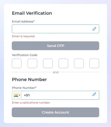 The Verify Your Account form with the email address, the Send OTP button, six boxes for the verification code, the phone number and the Create Account button