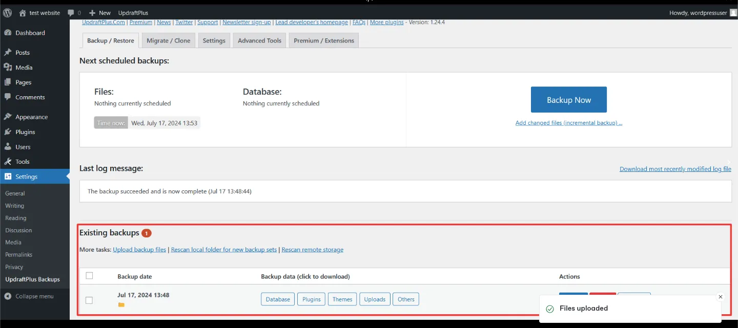 Existing backups list with the new backup and its database, plugins, themes, uploads and others parts