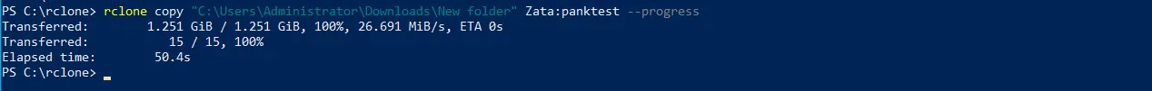 PowerShell running rclone copy from a local folder to a Zata bucket, 15 files transferred