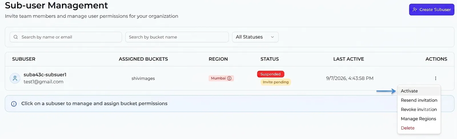 The sub-user row menu for a suspended single-region sub-user, with Activate at the top