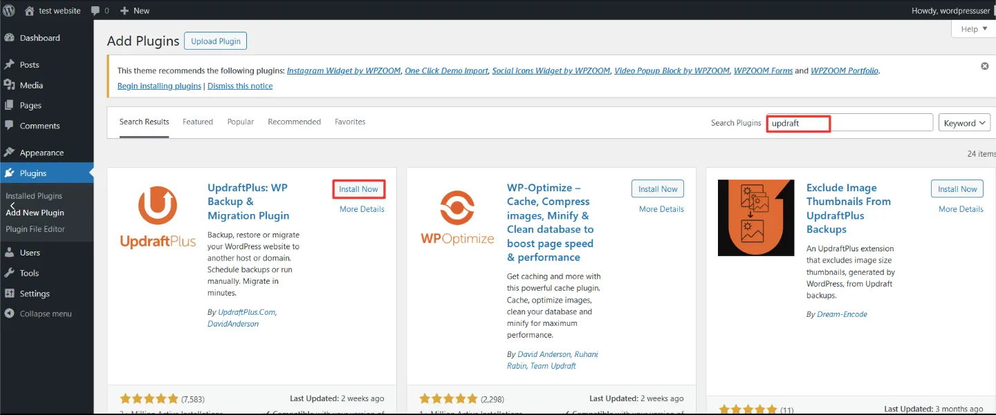 Add Plugins search results with Install Now on UpdraftPlus