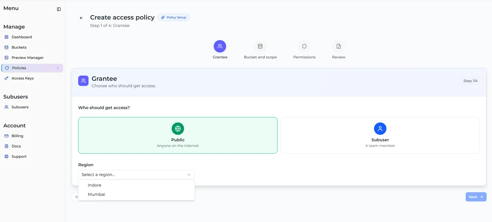 The Grantee step with Public and Subuser options and the Region dropdown showing Indore and Mumbai