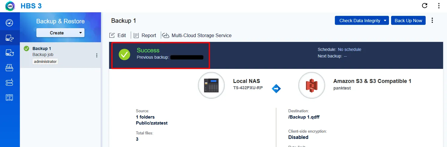 HBS 3 backup job showing Success