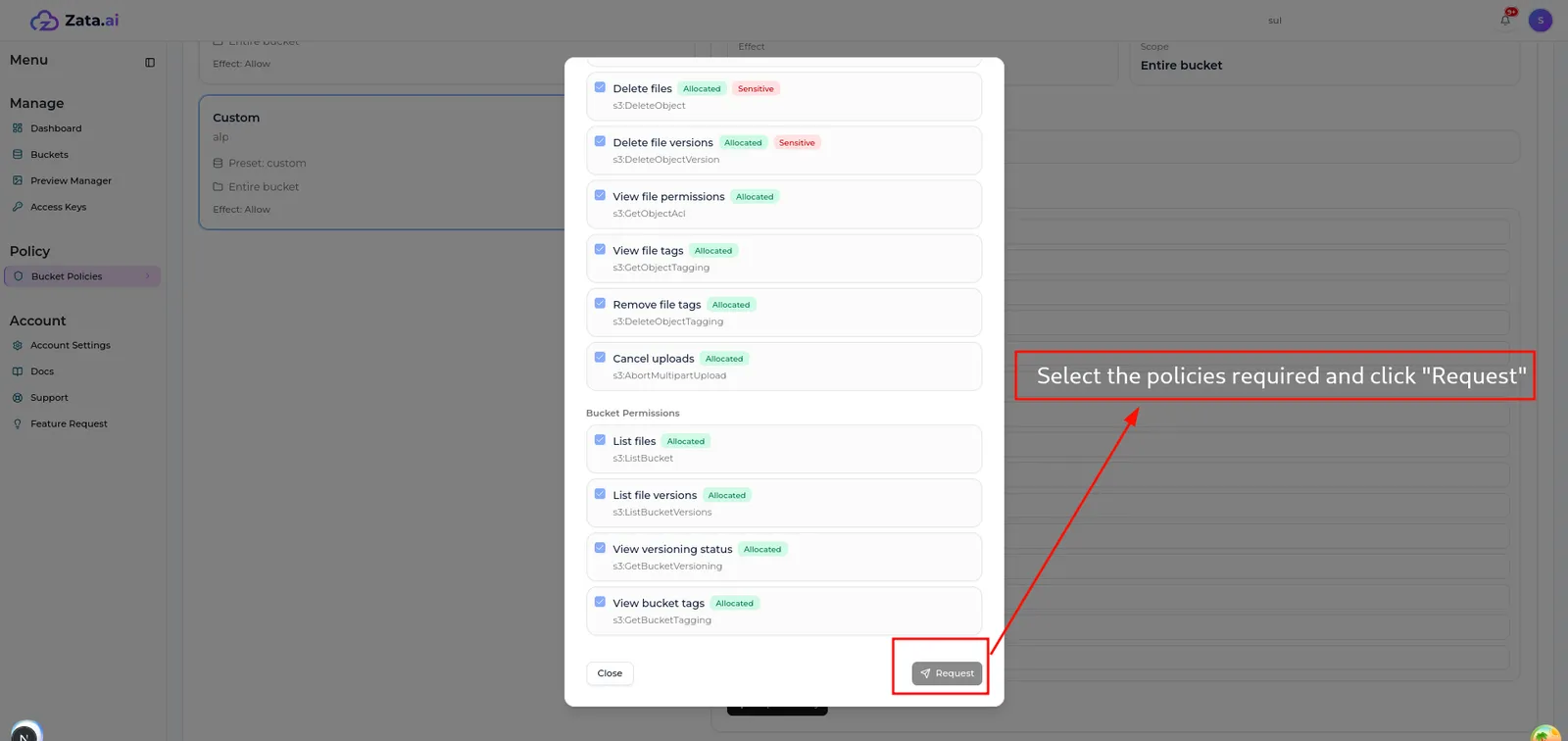 The Request Policy dialog listing file and bucket permissions with Allocated and Sensitive badges and a Request button