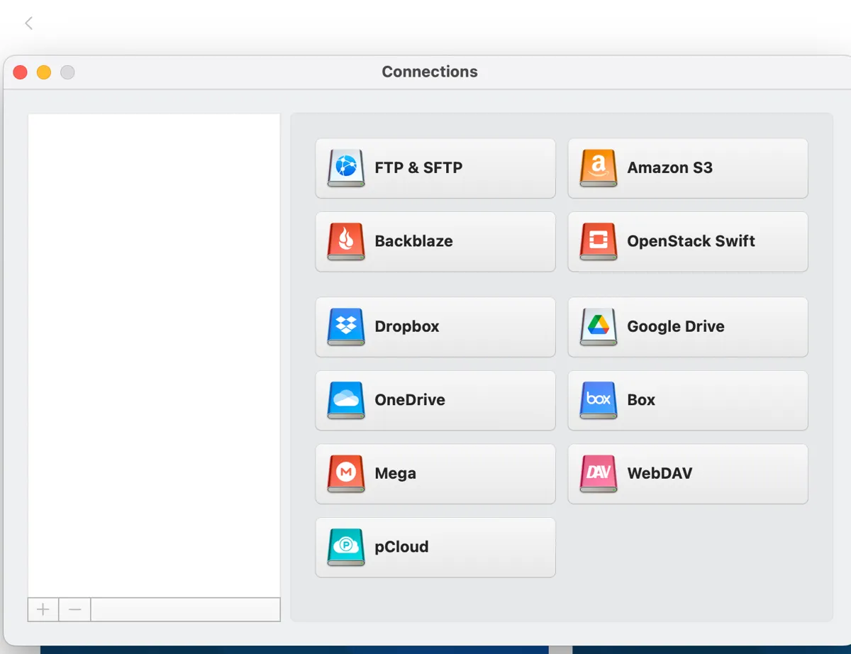 CloudMounter Connections window with the Amazon S3 option