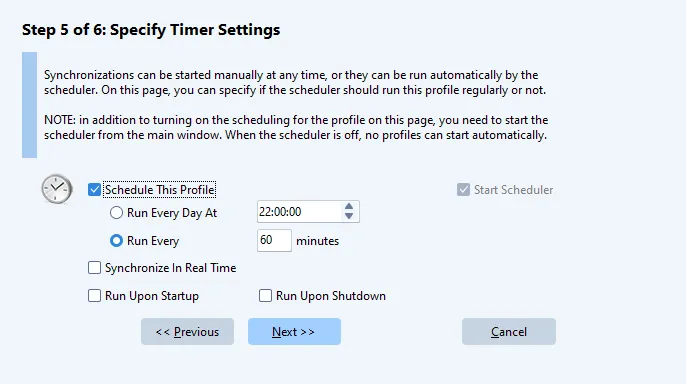 Specify Timer Settings step with Schedule This Profile ticked and a run interval
