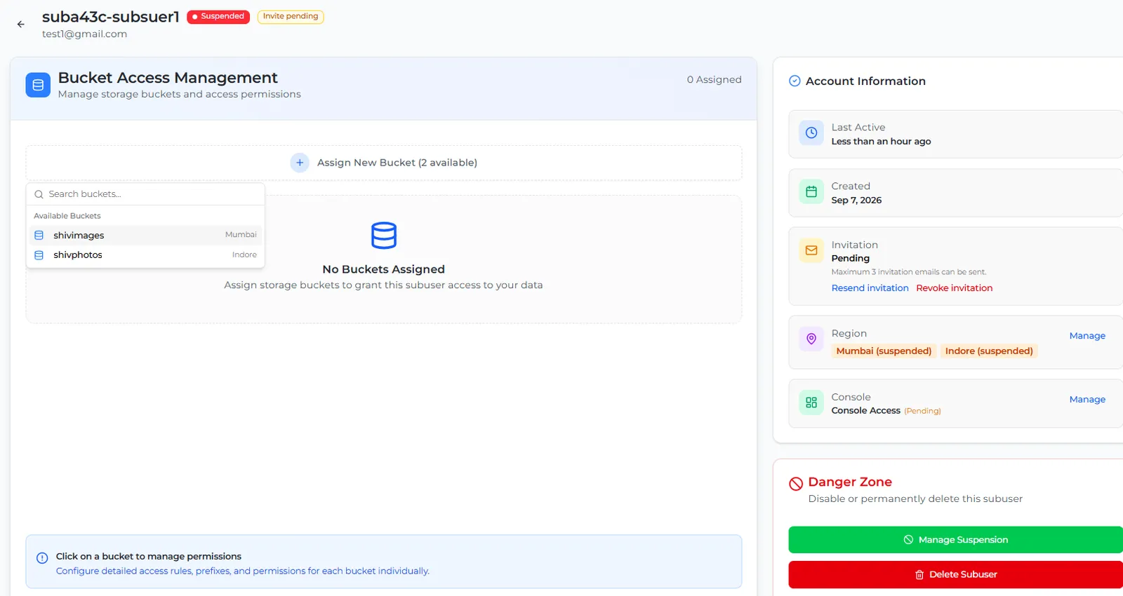 The sub-user's page with the Assign New Bucket list open, showing available buckets and their regions