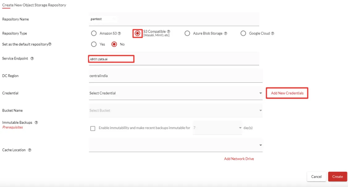 Create New Object Storage Repository form with S3 Compatible selected, Service Endpoint idr01.zata.ai and the Add New Credentials button