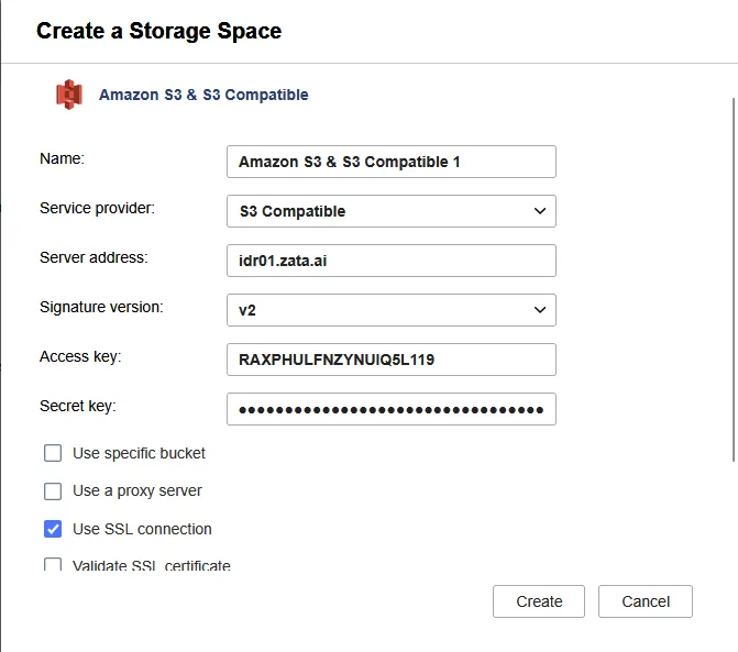 Create a Storage Space form with service provider S3 Compatible, server address idr01.zata.ai, signature version v2 and the SSL options