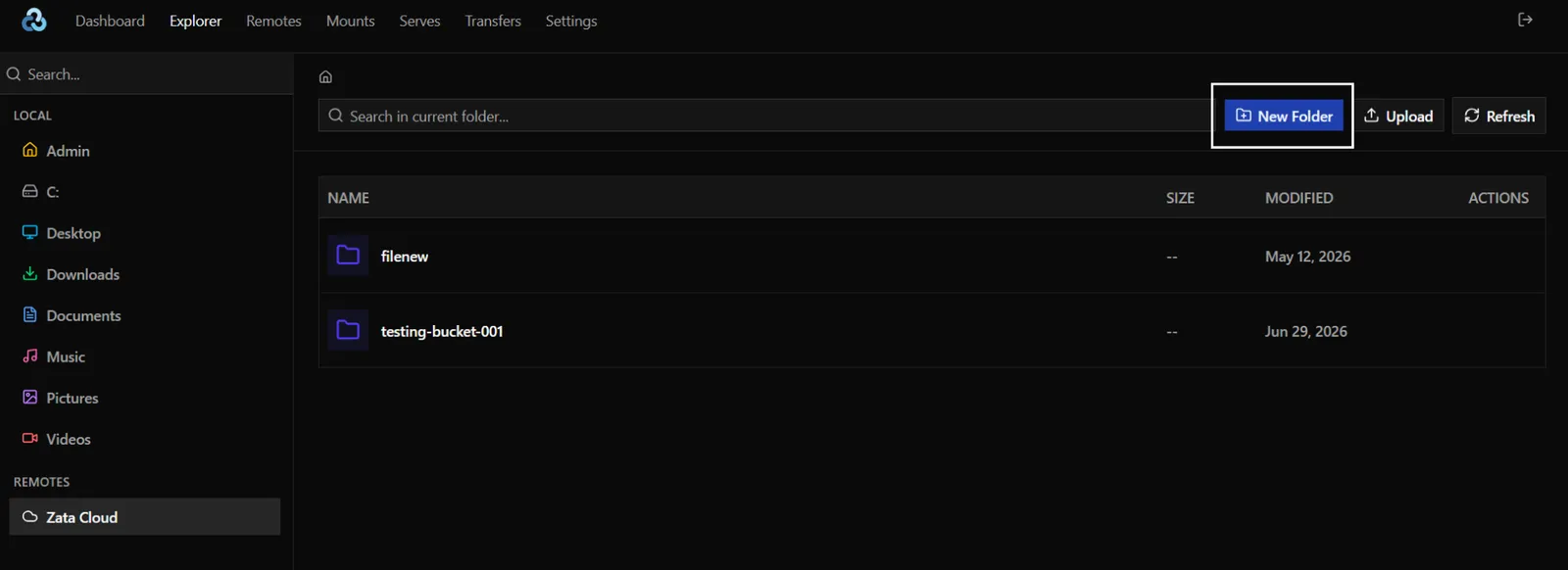 Explorer showing the buckets of the Zata remote with the New Folder button highlighted