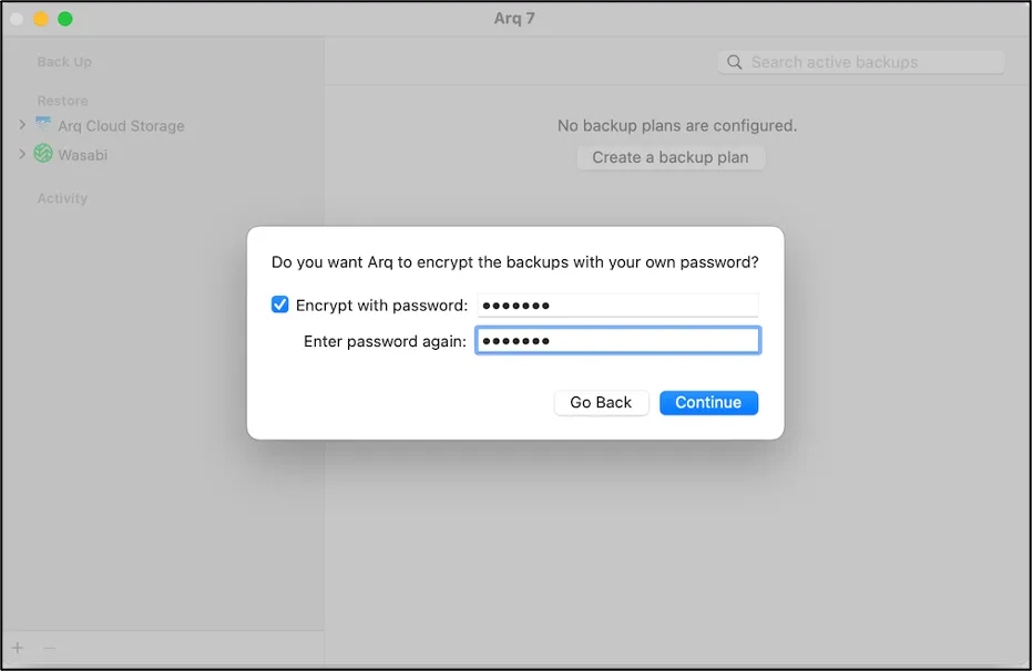Arq dialog asking for an encryption password
