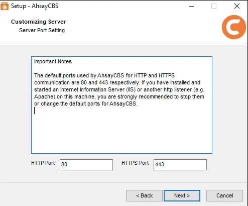 AhsayCBS installer step with the HTTP port 80 and HTTPS port 443