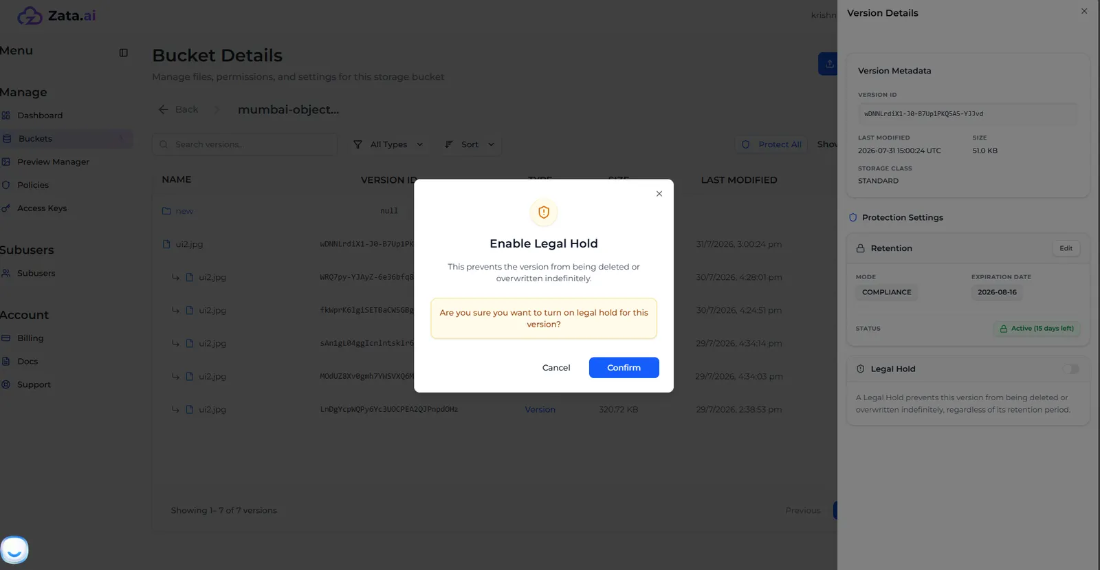 The Enable Legal Hold window with the Confirm button