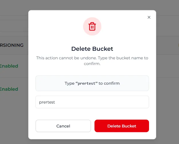 The Delete Bucket window with the bucket name typed in and the Delete Bucket button