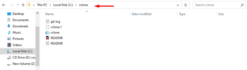 The C:\rclone folder containing rclone.exe and its documentation files