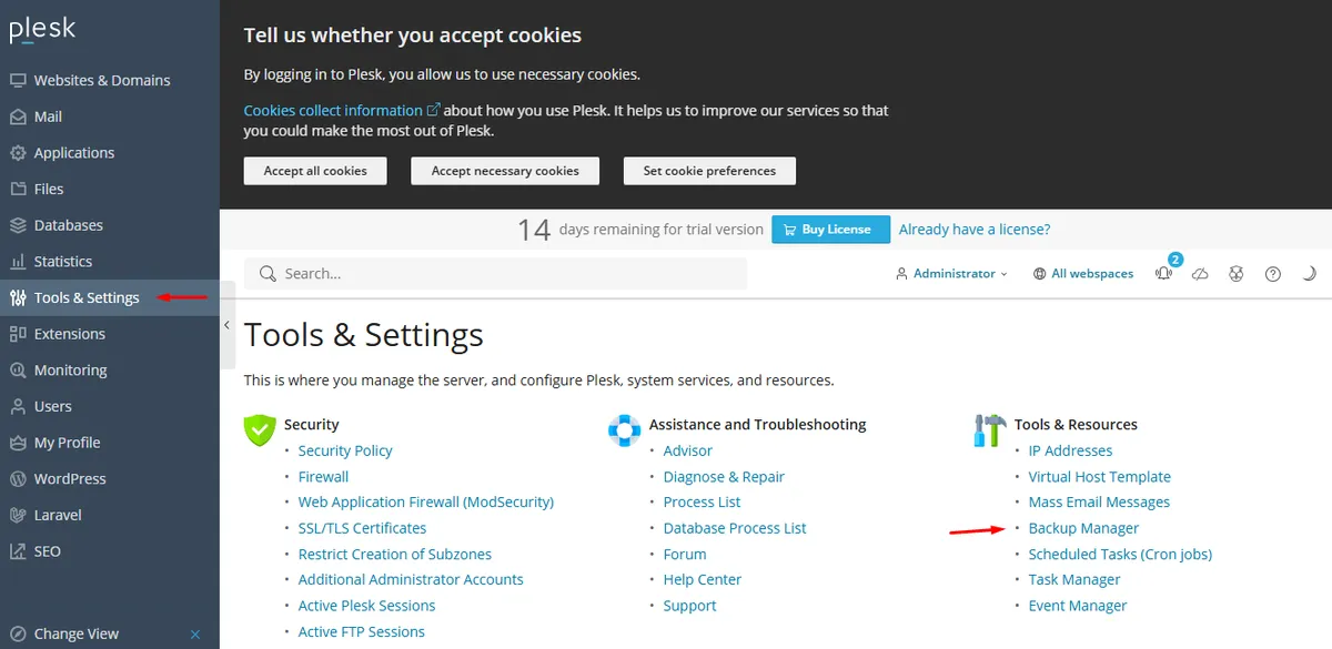 Tools & Settings page with the Backup Manager link