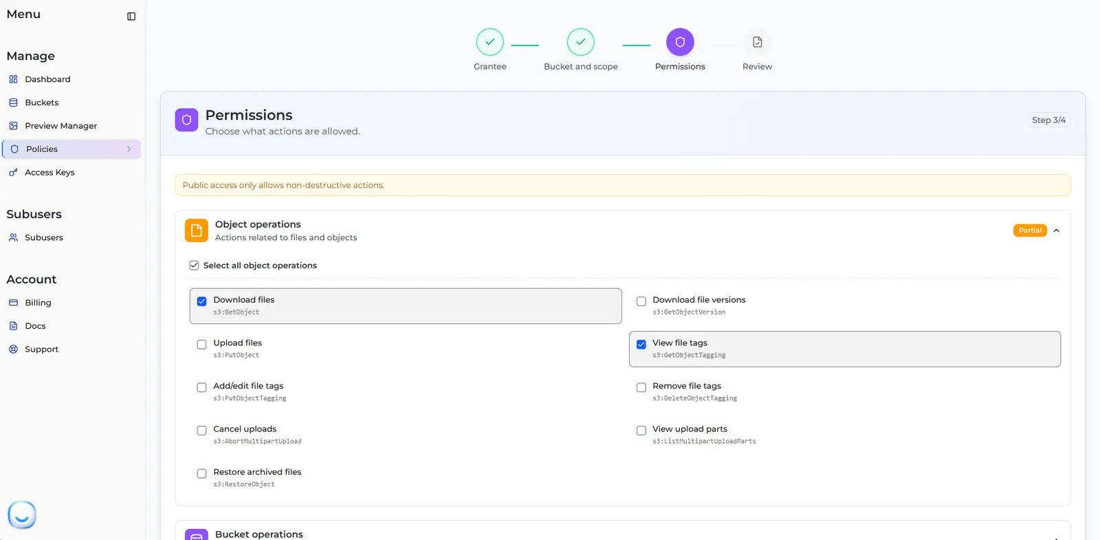 The Permissions step with Object operations checkboxes such as Download files and Upload files