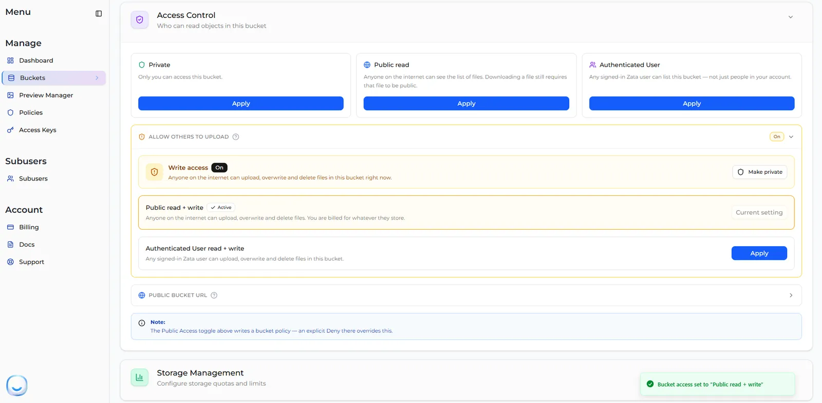 Write access On, with Public read + write marked Active and a Make private button