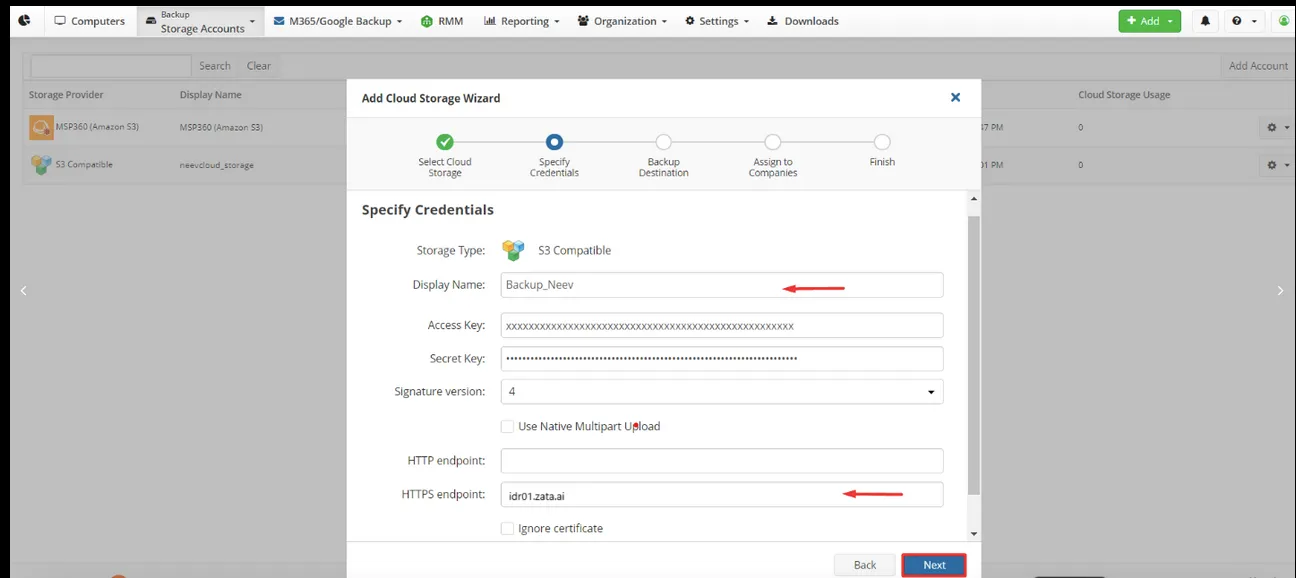 Specify Credentials step with the display name, keys, signature version 4 and the HTTPS endpoint idr01.zata.ai