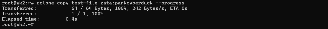 Terminal output of rclone copy uploading one file to a Zata bucket with transfer progress