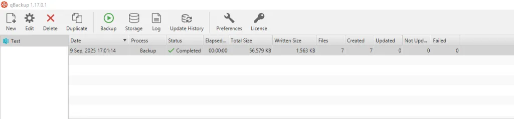 qBackup history with a completed backup