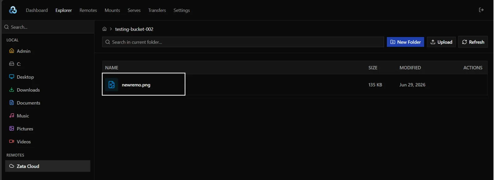 The uploaded file listed in the bucket in the rclone Explorer