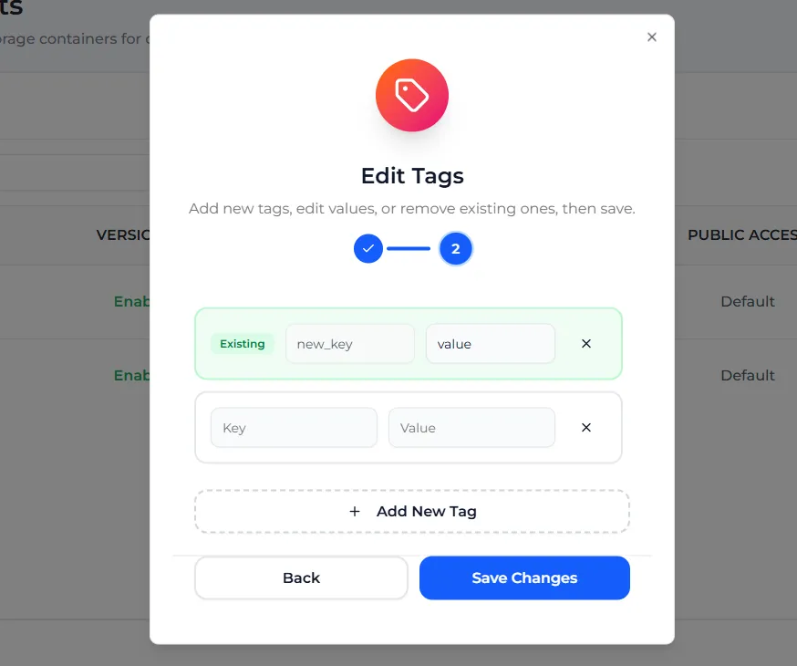 The Edit Tags window with an existing tag, an empty new row and the Add New Tag button