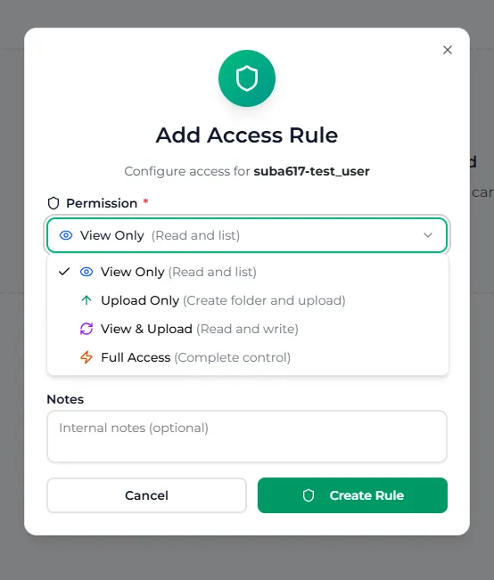 The Add Access Rule dialog with the Permission list open showing View Only, Upload Only, View & Upload and Full Access