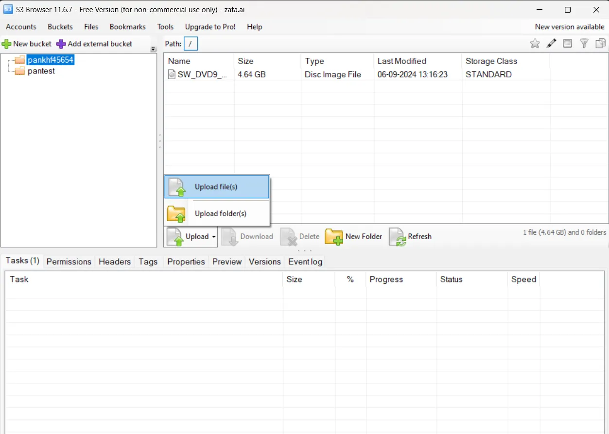 The Upload menu with Upload file(s) and Upload folder(s)