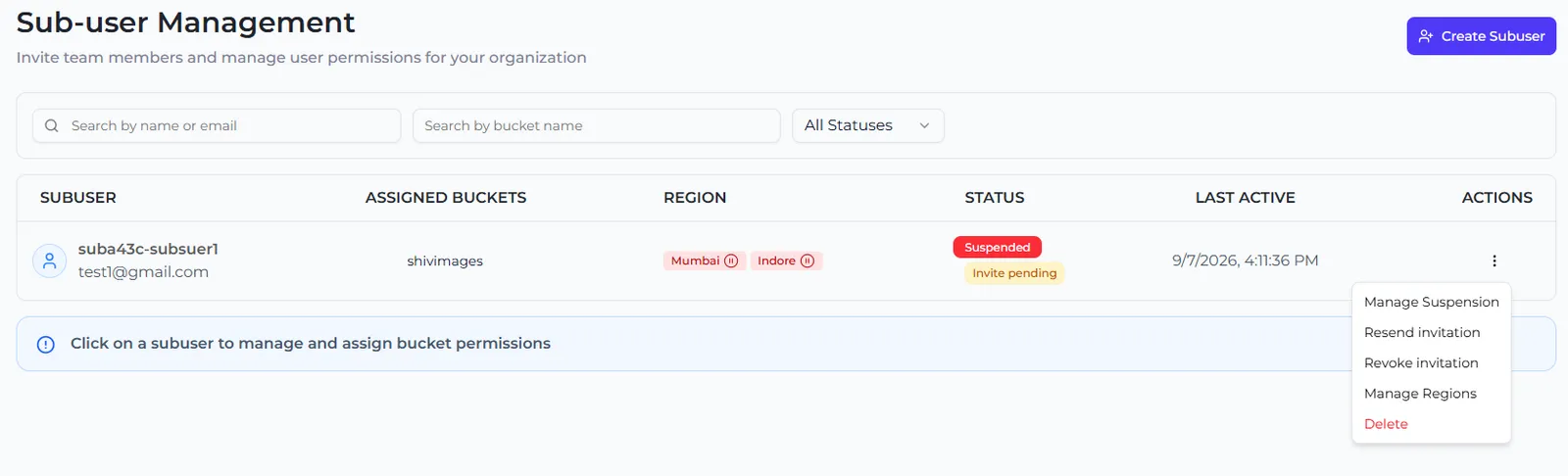 The sub-user row menu with Manage Suspension, Resend invitation, Revoke invitation, Manage Regions and Delete