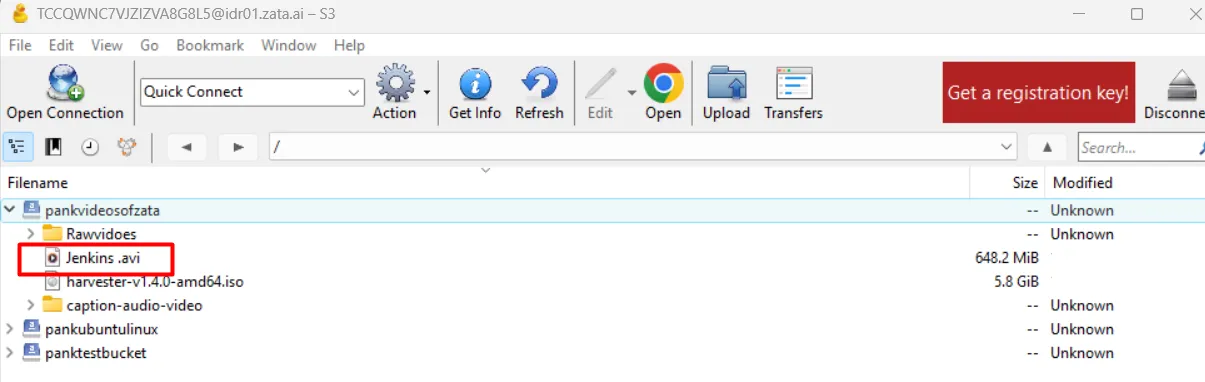 An uploaded file highlighted inside a bucket in Cyberduck