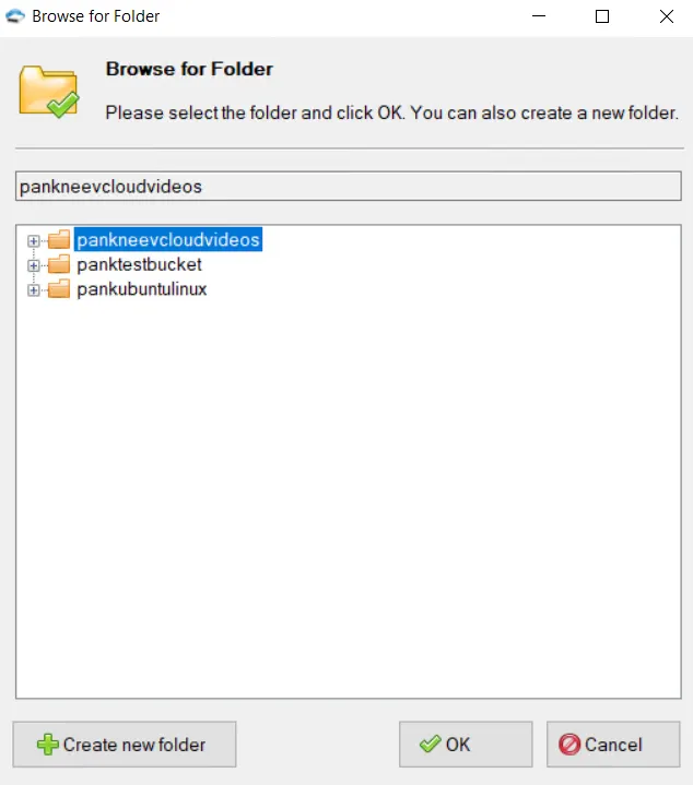 Browse for Folder dialog listing the Zata buckets