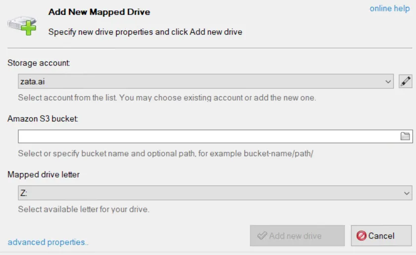 Add New Mapped Drive with the storage account, Amazon S3 bucket field and mapped drive letter Z