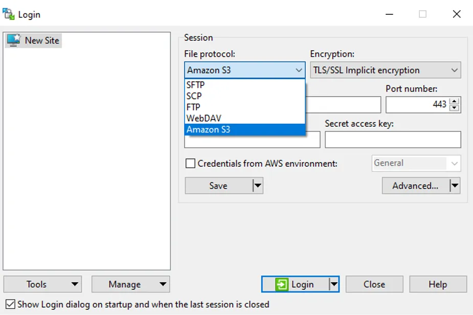WinSCP Login window with Amazon S3 selected in the File protocol list