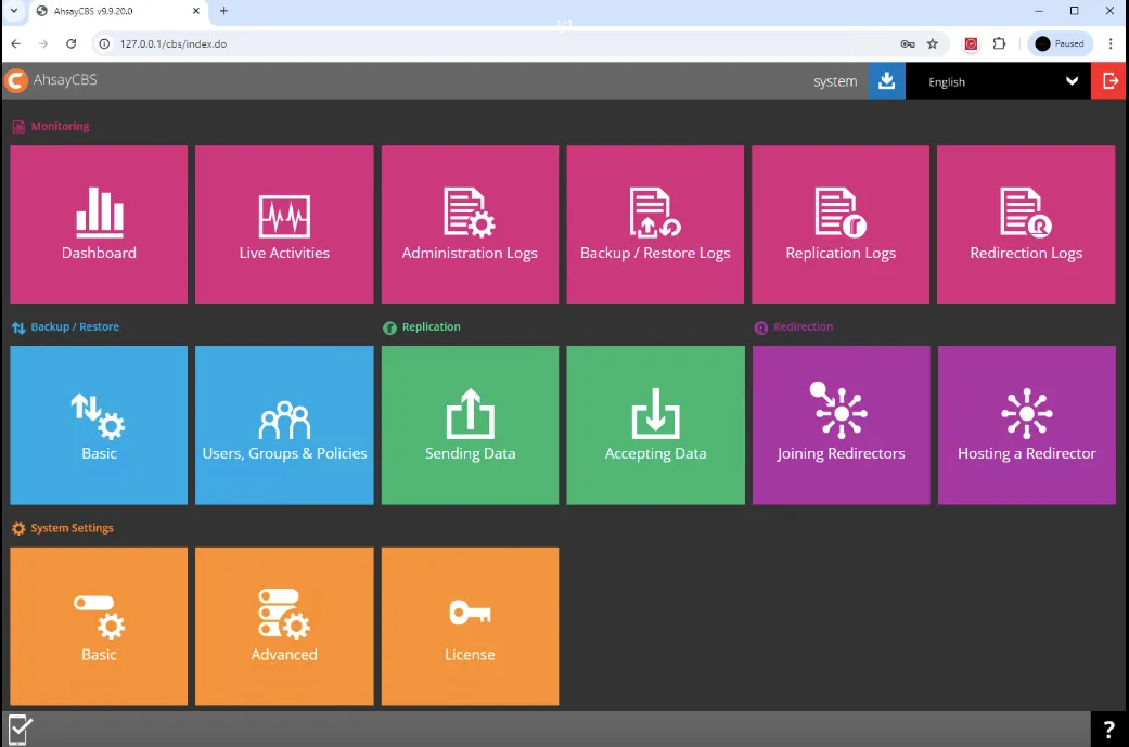 AhsayCBS dashboard with the Basic tile under System Settings
