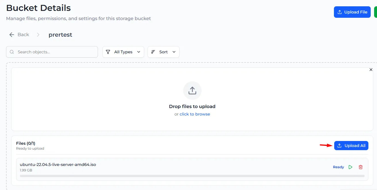 A file ready to upload with the Upload All button