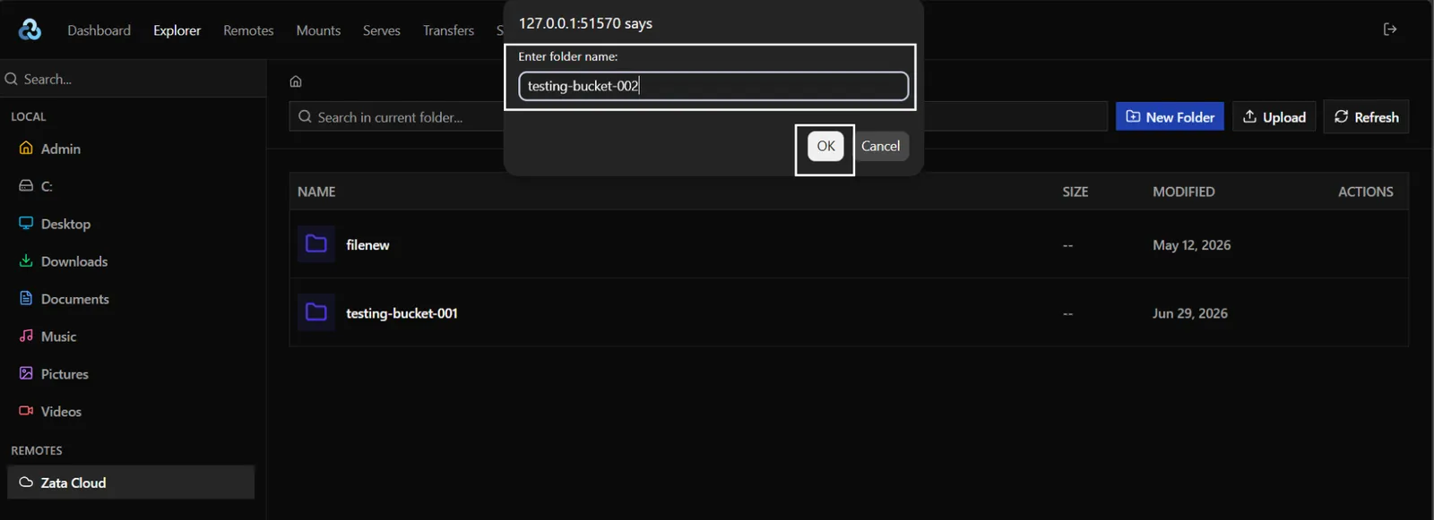 Prompt asking for the folder name, with a new bucket name entered