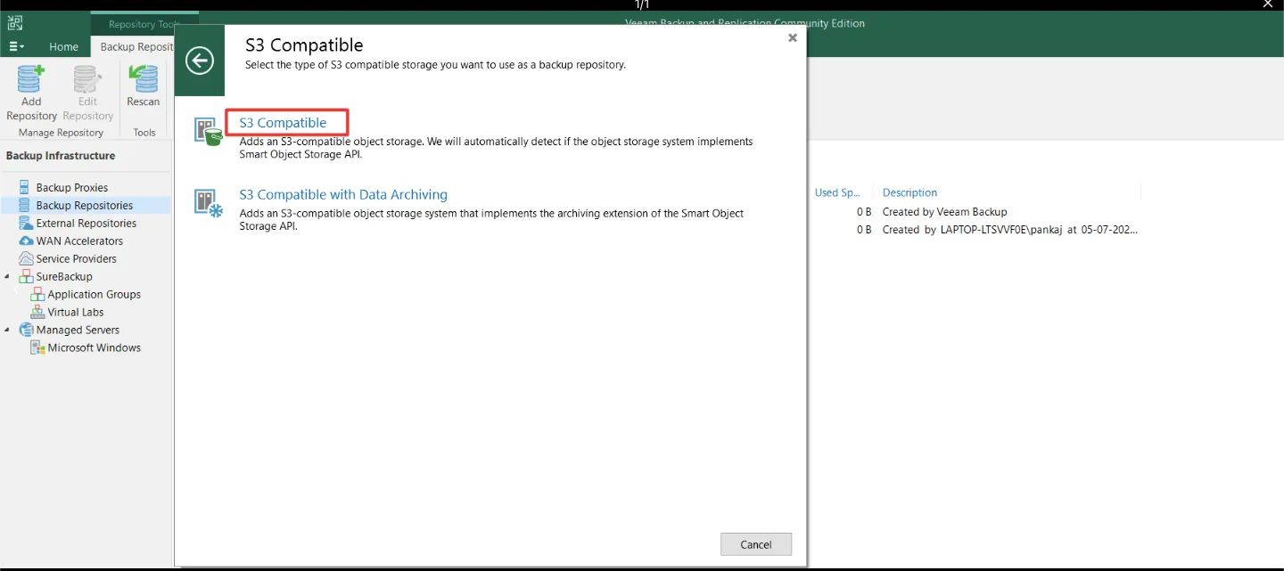 S3 Compatible window with the S3 Compatible option highlighted