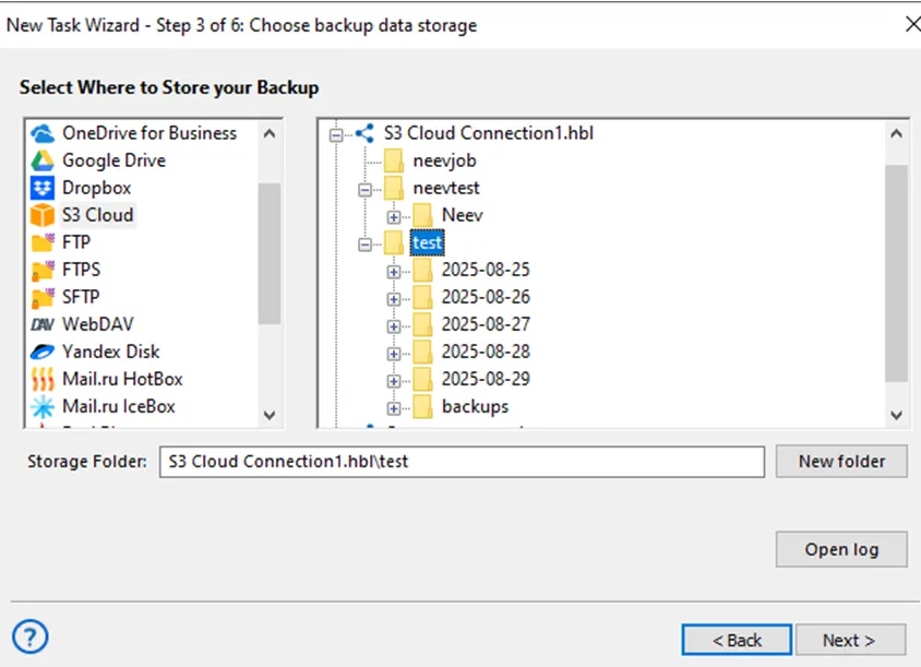 The S3 Cloud connection expanded to show buckets and folders, with the storage folder set