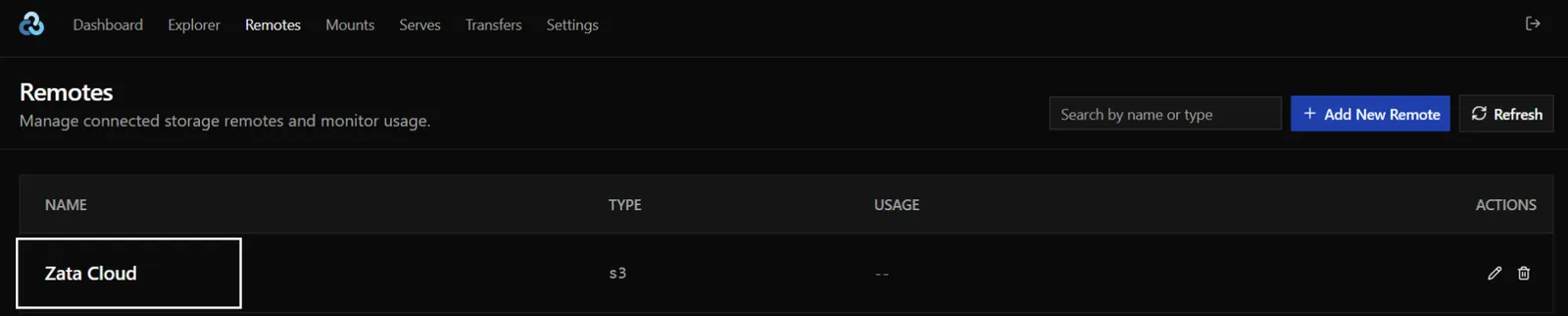 Remotes list showing the new Zata remote of type s3