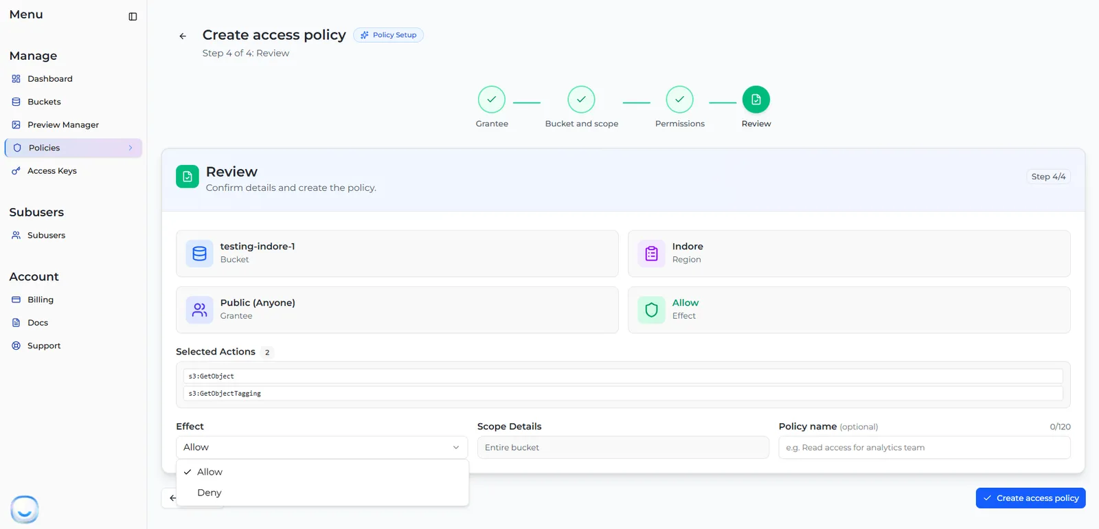 The Review step showing bucket, region, grantee, effect, selected actions, scope details and a policy name field