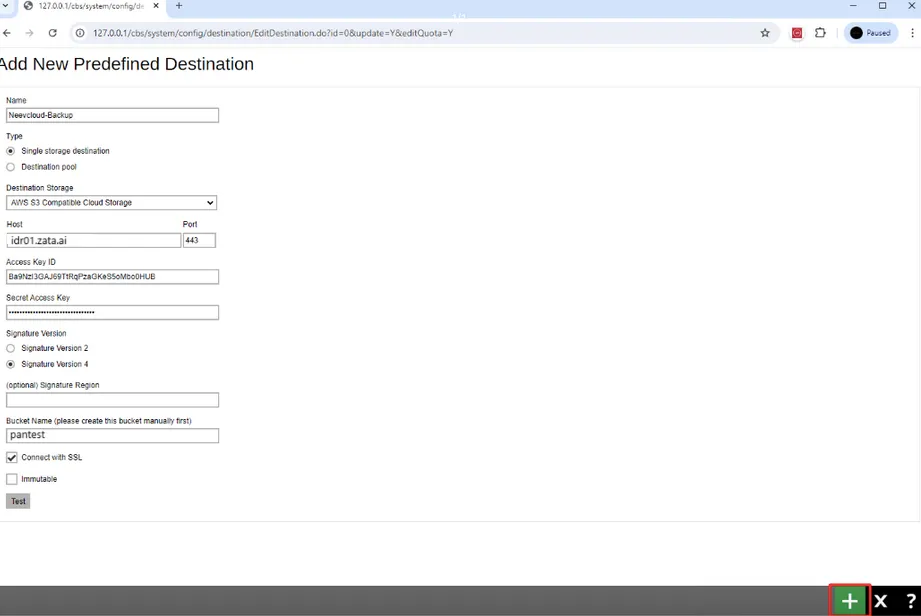 Completed destination form with the save button highlighted at the bottom right