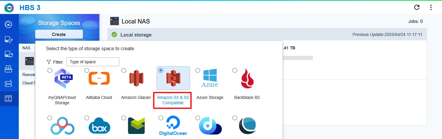 Storage space types with Amazon S3 & S3 Compatible selected