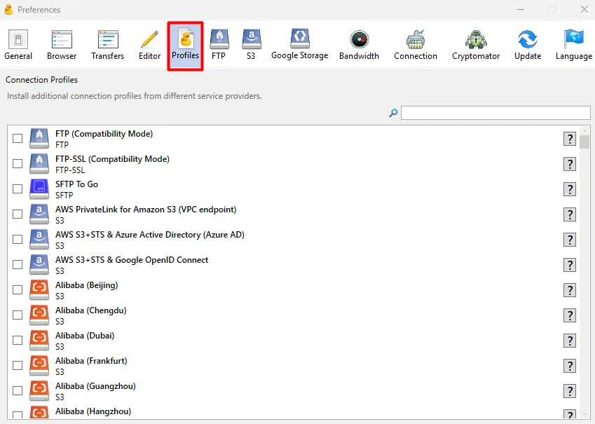 Cyberduck Preferences window with the Profiles tab selected