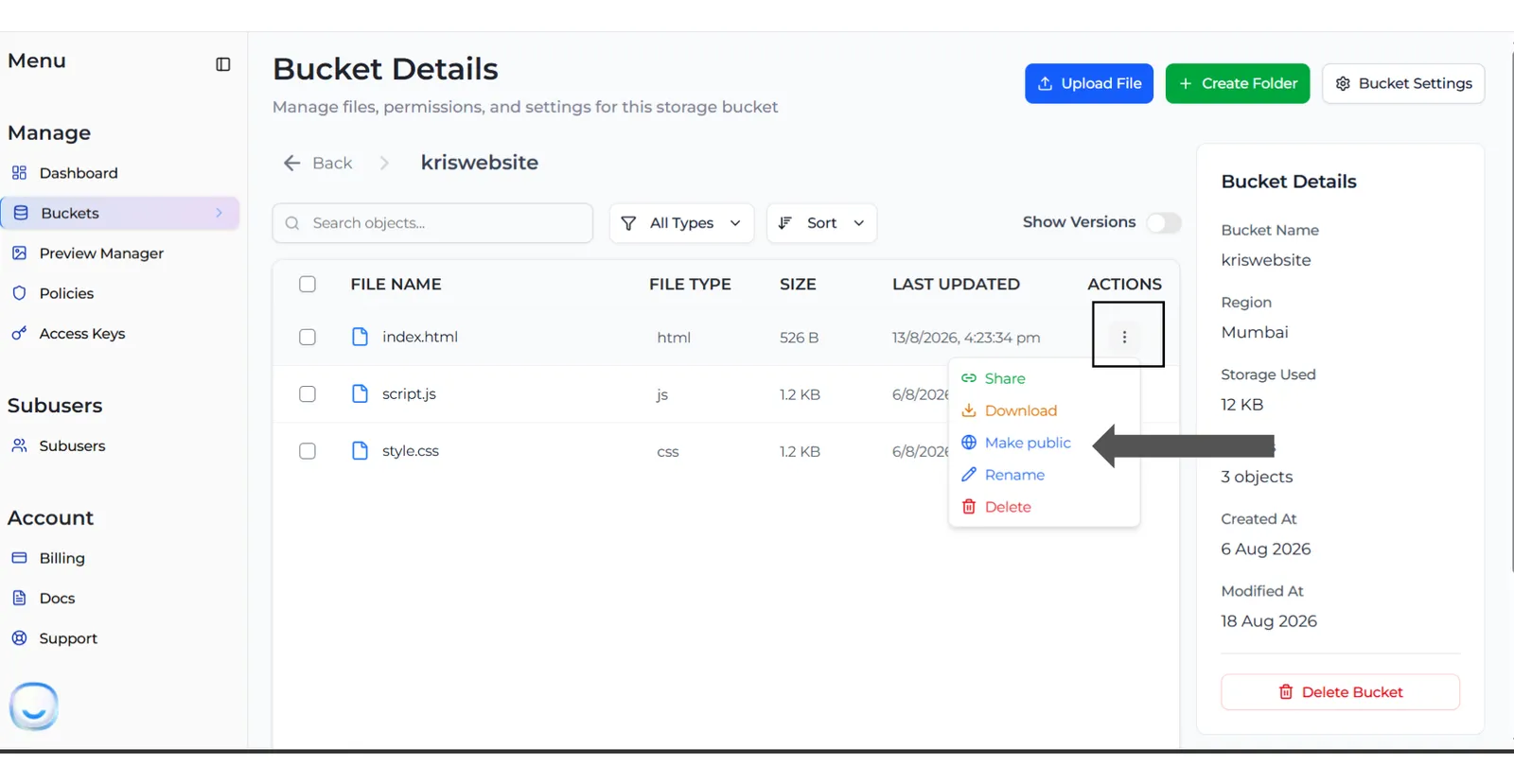 The Bucket Details file list with a file's Actions menu open and Make public highlighted