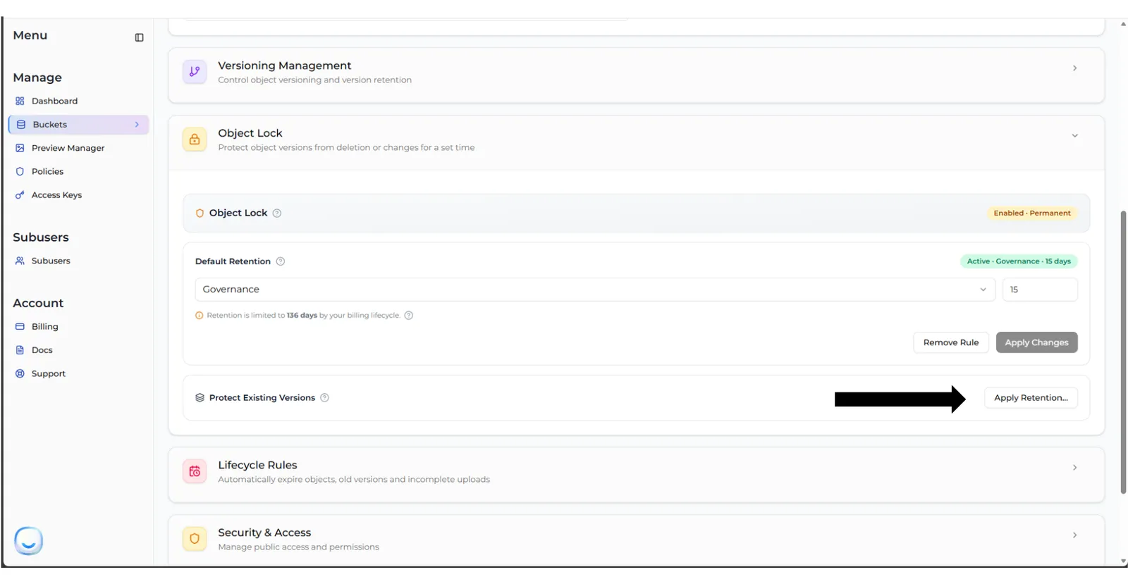 The Object Lock section with the Apply Retention button next to Protect Existing Versions