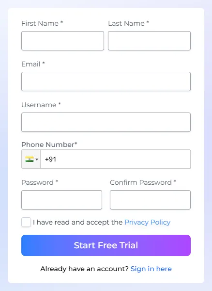 The Zata sign-up form with name, email, username, phone number and password fields, the Privacy Policy checkbox and the Start Free Trial button