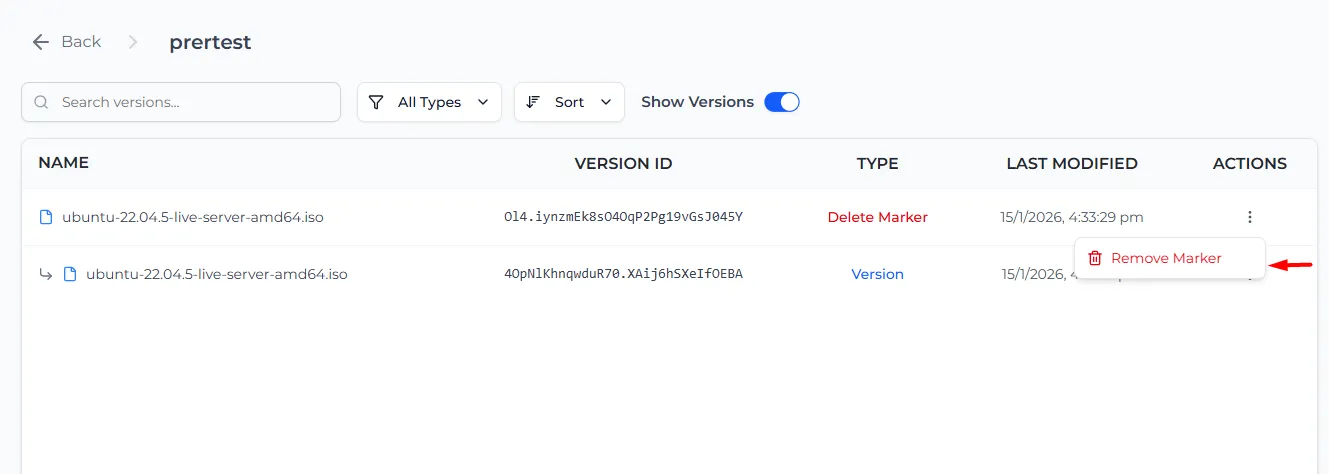 The Delete Marker row with its menu open showing Remove Marker