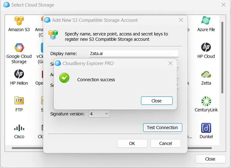 Connection success message after Test Connection