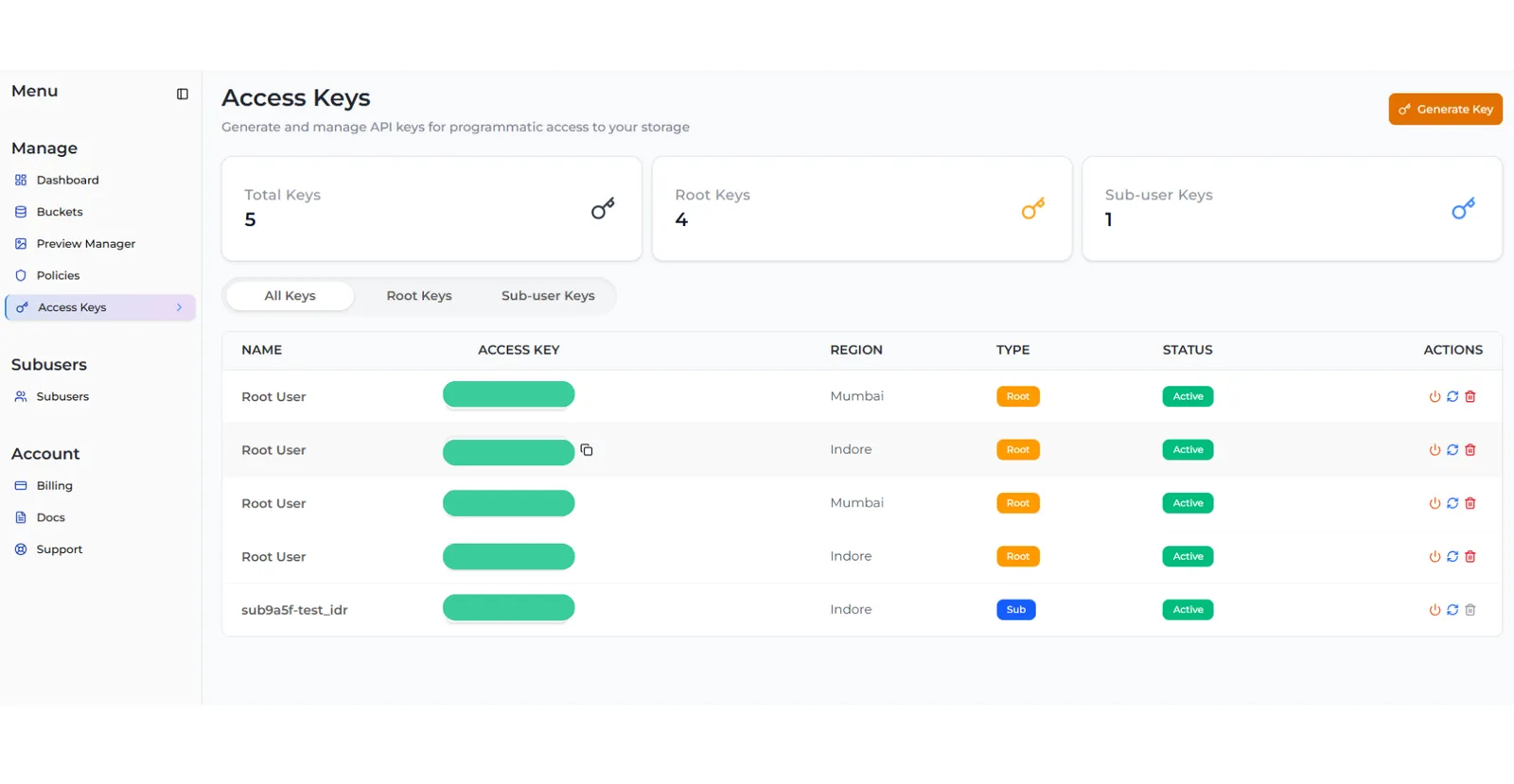 The Access Keys page with key counts, filter tabs and a list of root and sub-user keys with their region, type and status